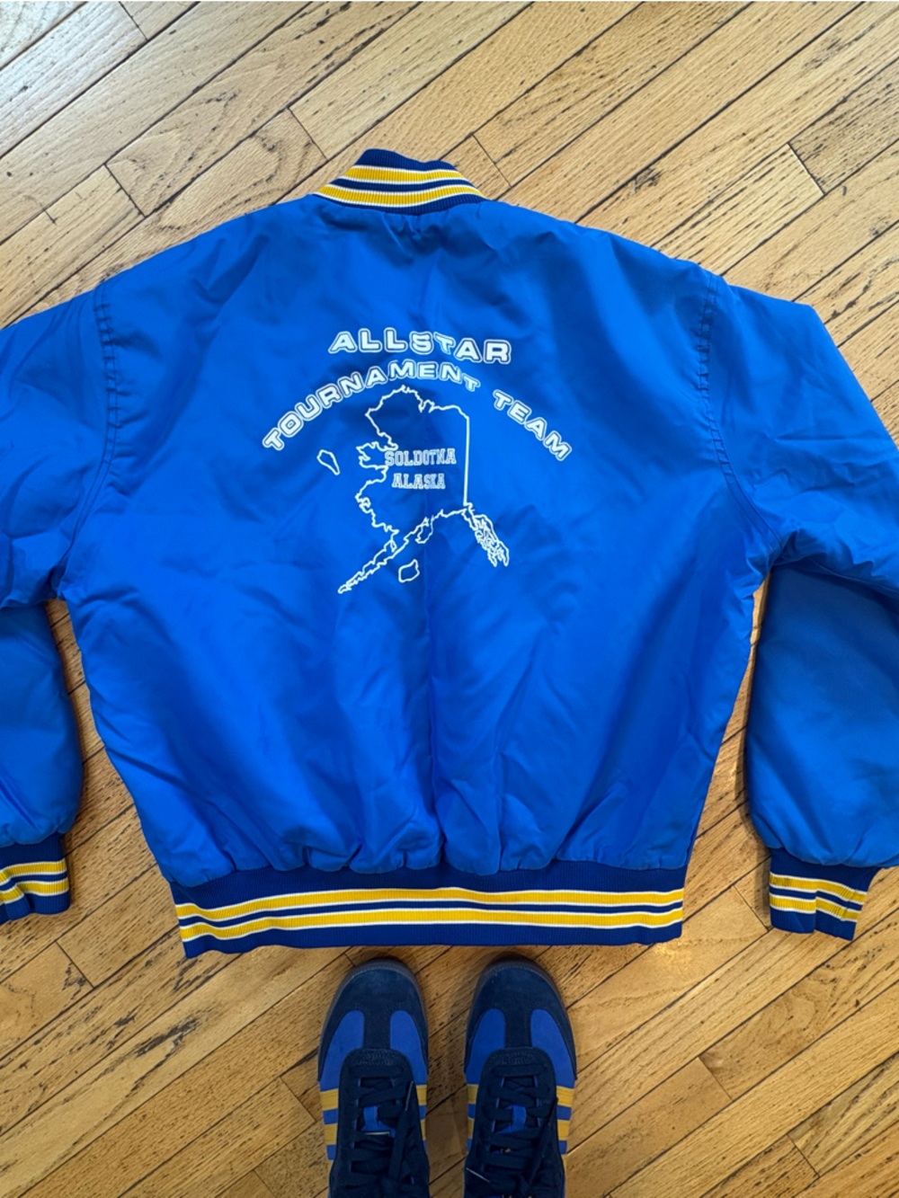 Vintage Blue Bomber Jacket with Yellow Trim for “Tim”